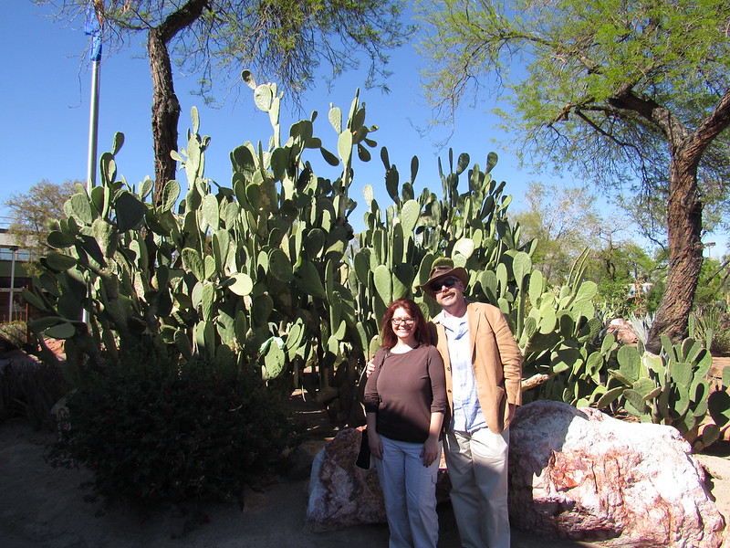 A couple standing in front of tall cactus