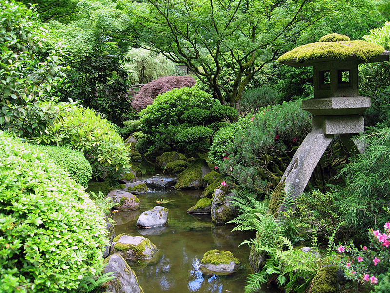 Japanese style garden with a stream running through it