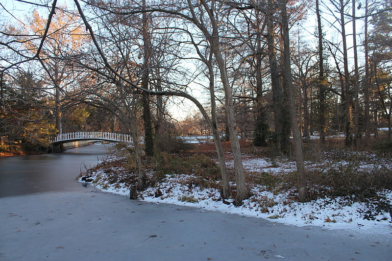 Bridge over a frozen river with snow on the ground.