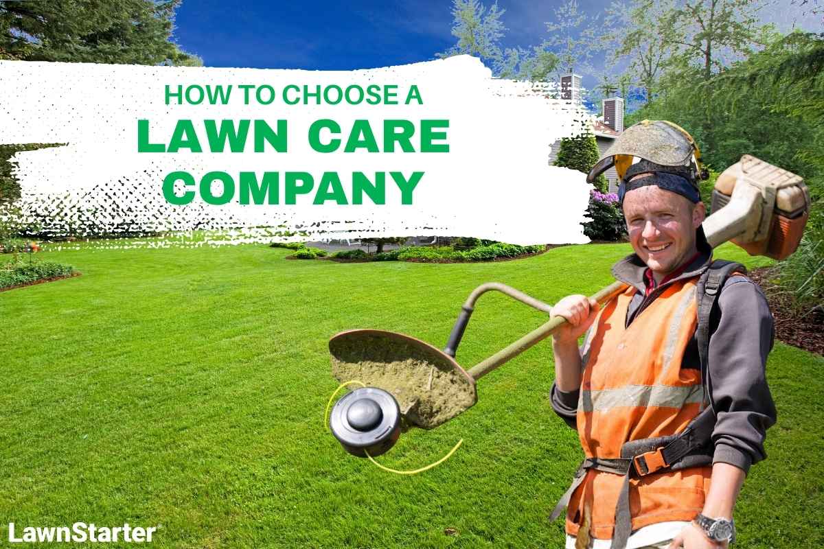 Lawn care company graphic showing a worker with a grass trimmer beside a large house and neatly maintained green lawn.