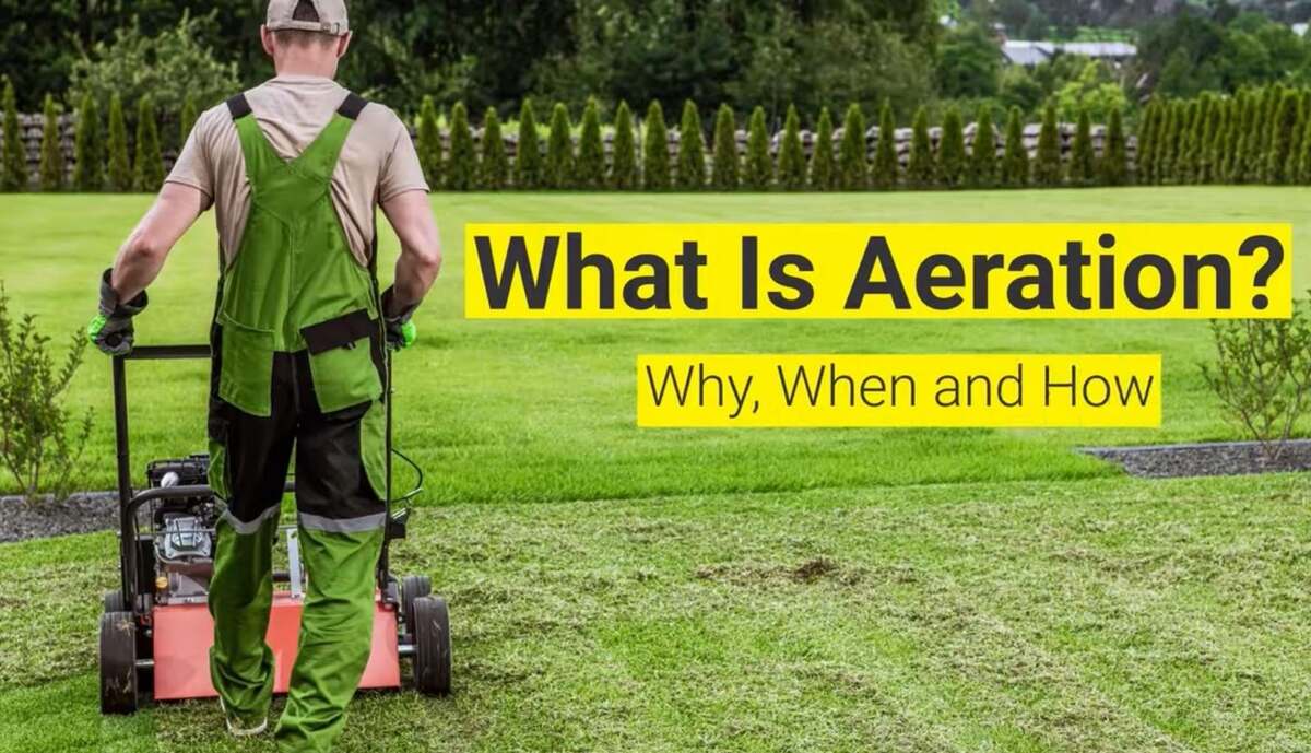person aerating a lawn with "what is aeration" text overlay on it