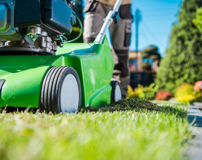 A person using a green lawn mower for lawn maintenance