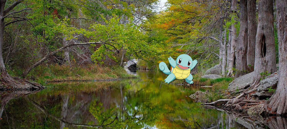Squirtle jumping above river
