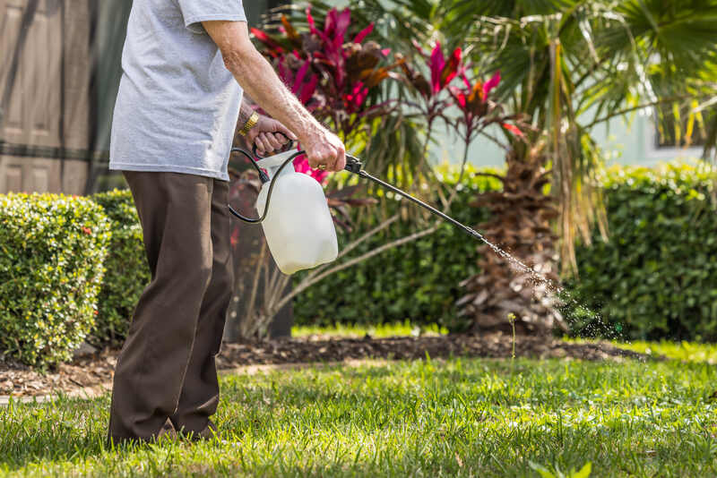A man is spraying weed killer herbicide on green grass.