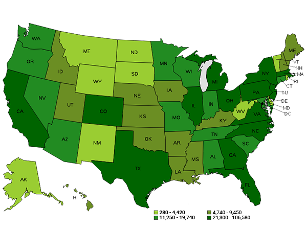 Landscaping Workers Employed by State Map