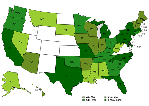 Treetrimmers employ by state