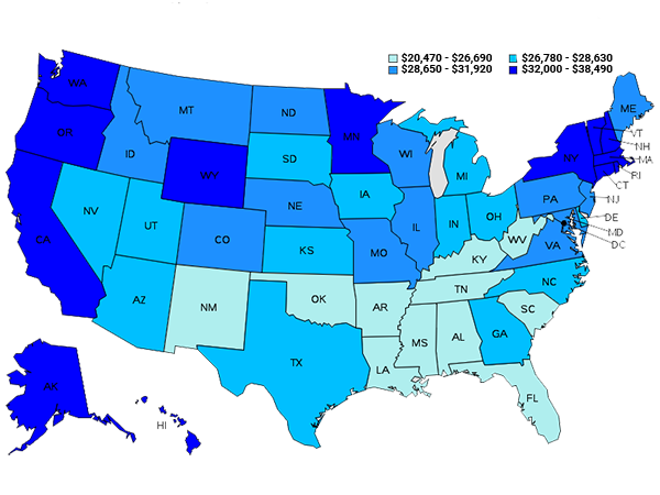 Landscaping Workers Wages by State Map