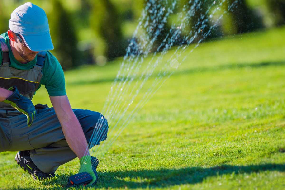 professional inspecting a lawn sprinkler