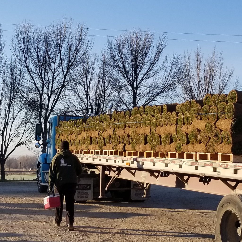 Pallets of sod loaded on a truck, ready for delivery