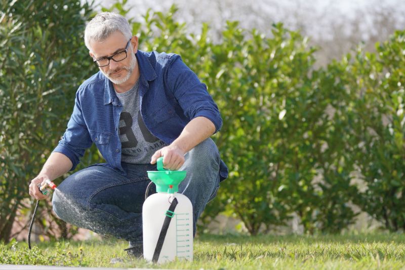 Middle-aged man wearing glasses kneeling outdoors, spraying grass with liquid from garden sprayer, surrounded by green bushes