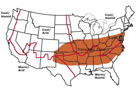 America's five turf-growing regions, and the transition zone.