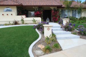 front yard with artificial turf grass