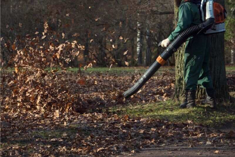 worker blowing leaves with a leaf blower