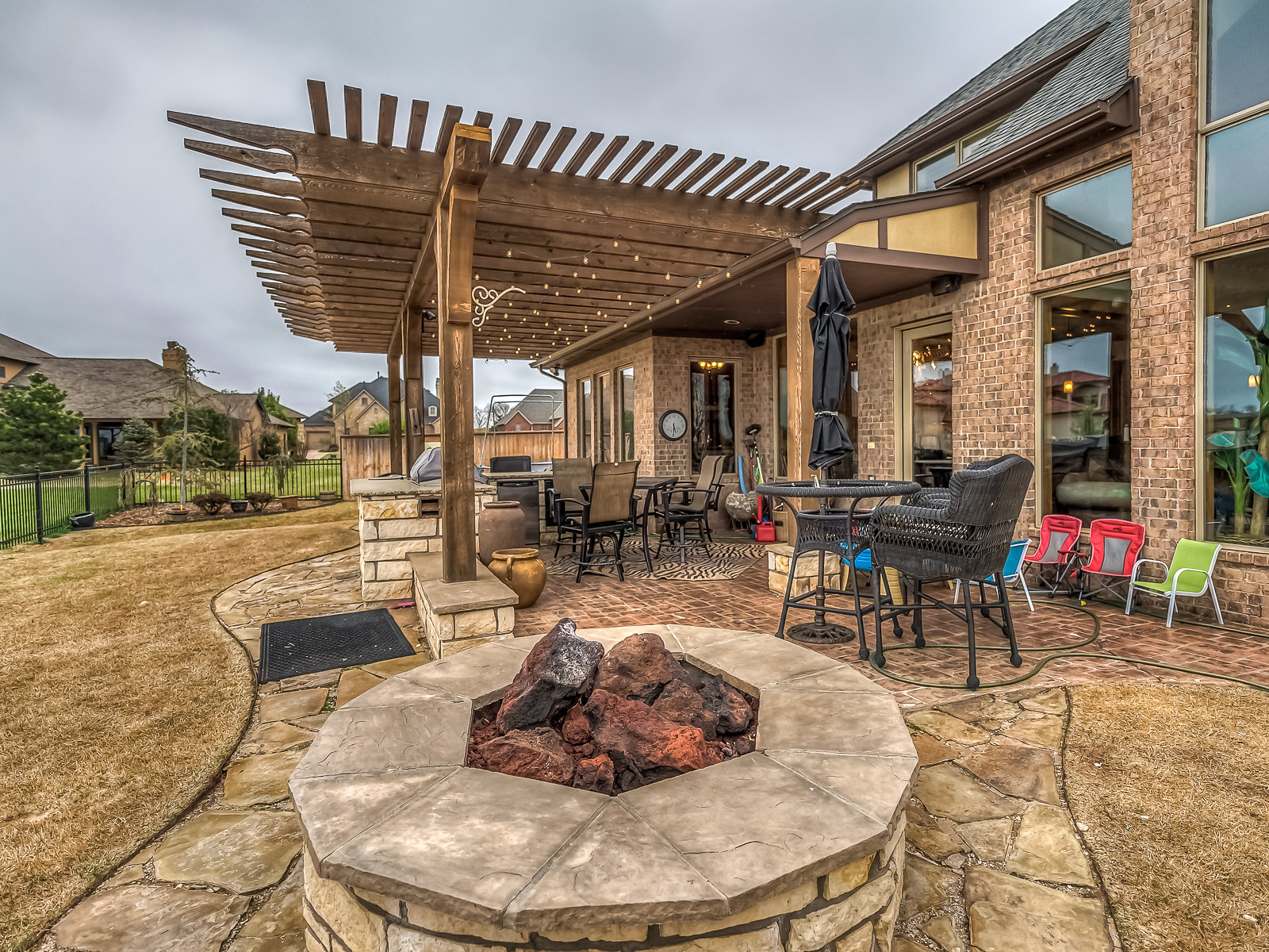 Backyard with firepit, pergola