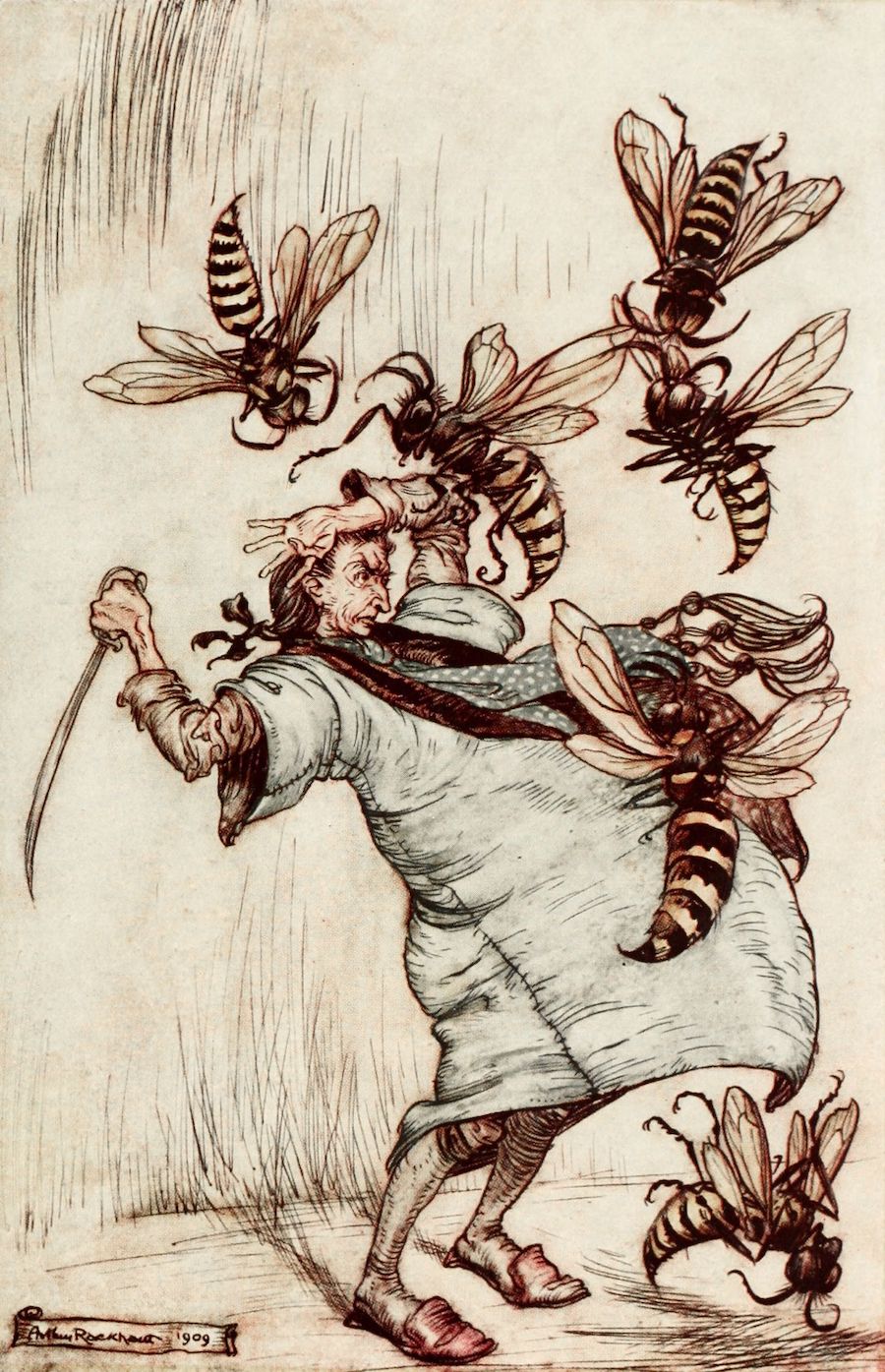Gulliver swings his sword at giant hornets