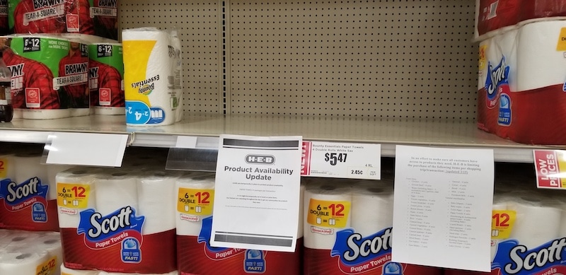 Panic-buying has emptied store shelves of toilet paper, other staples. empty shelves and caused stores to limit