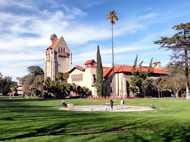 San Jose State University, with its beautiful lawn in the foreground.
