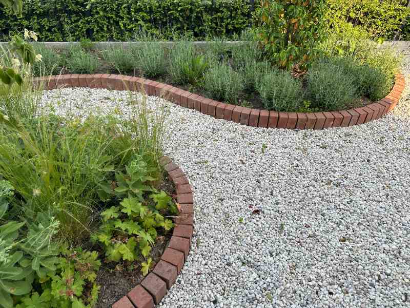 Neatly landscaped garden bed with brick edging, filled with green plants, surrounded by light gravel ground cover to discourage digging squirrels.