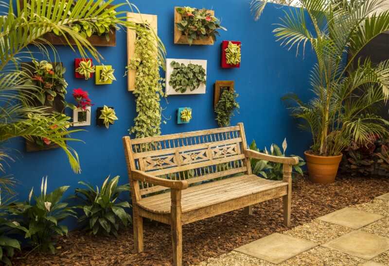 side yard with blue wall garden and bench