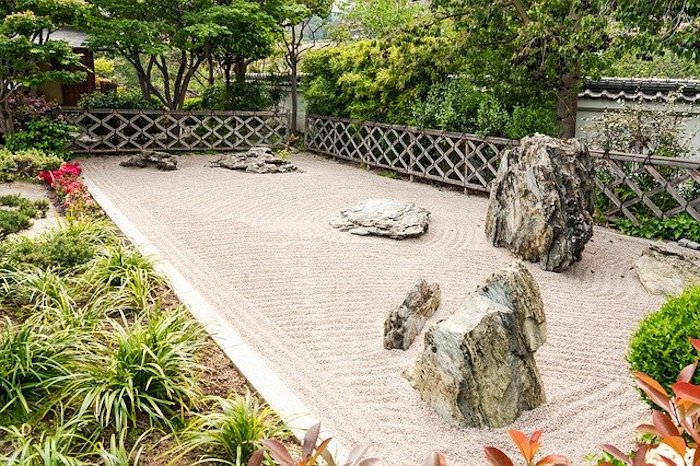 Japanese rock garden with sand