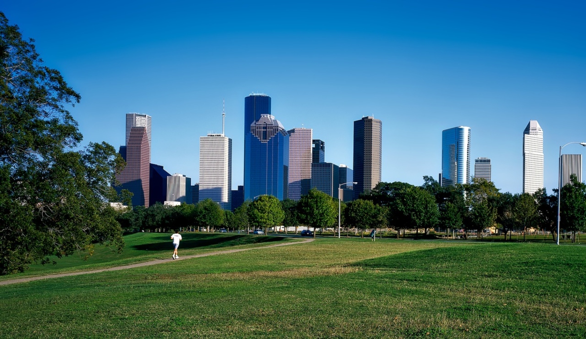 A view of downtown Houston, Texas with landscape trees