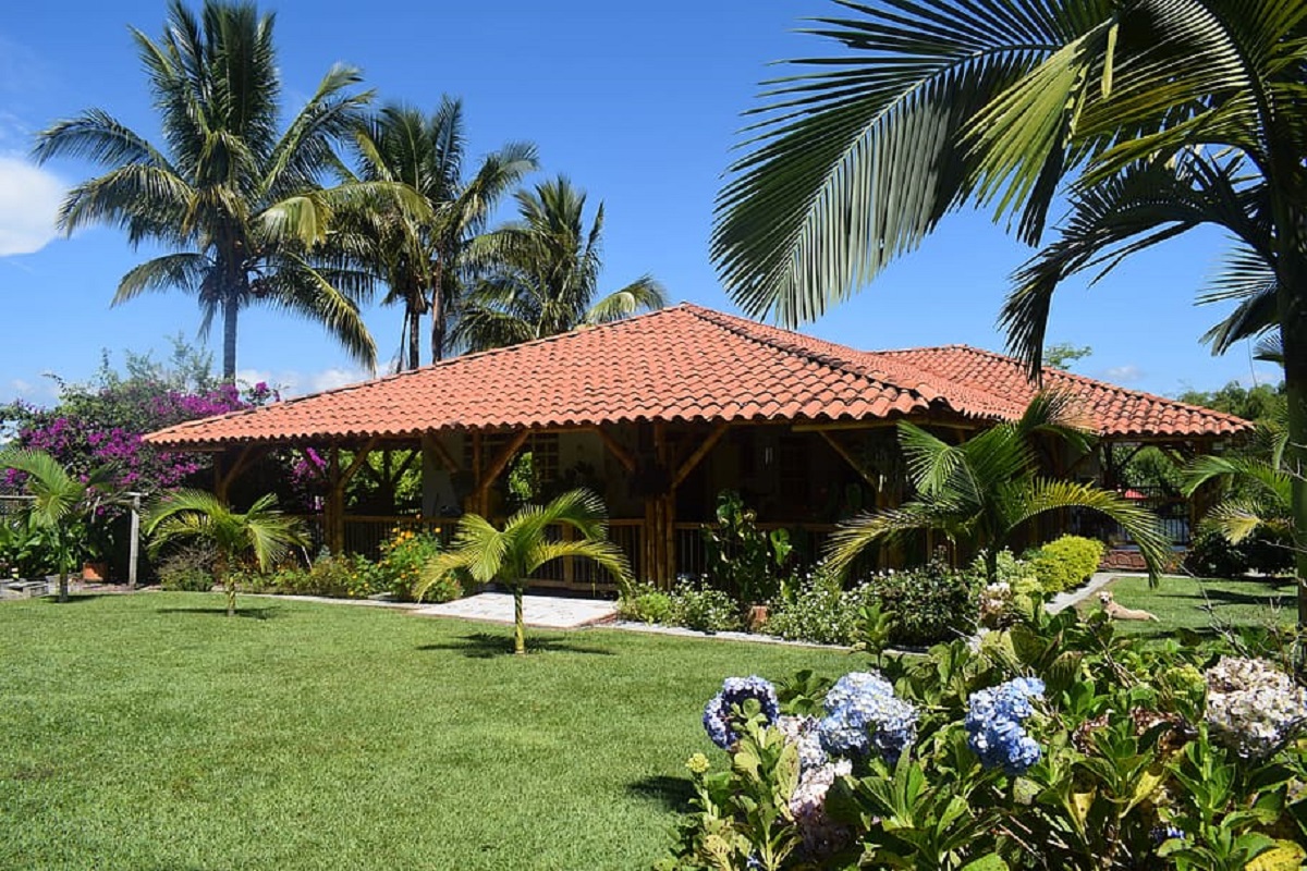 House with clay roof surrounded by bushes, flowers, and palm trees