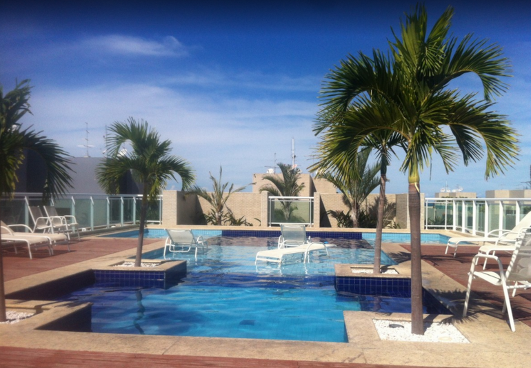 Palm trees planted near a swimming pool