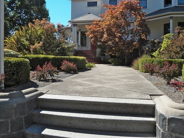 A paved walkway with stairs leading to the front door.