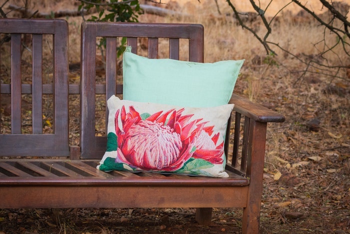 Wooden bench with two throw pillows 