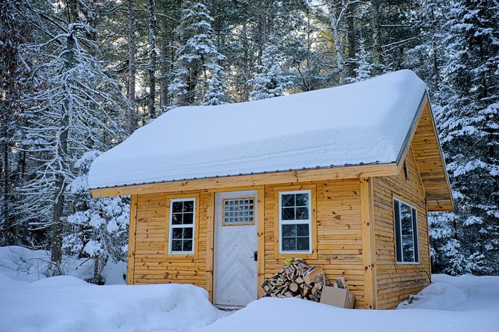 Snow covered wooden house inside forest, a cozy design for a she shed