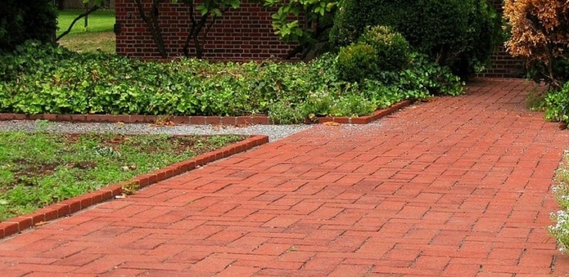 Brick pathway through garden with brick edging