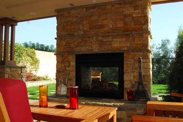 Large fireplace in outdoor living area