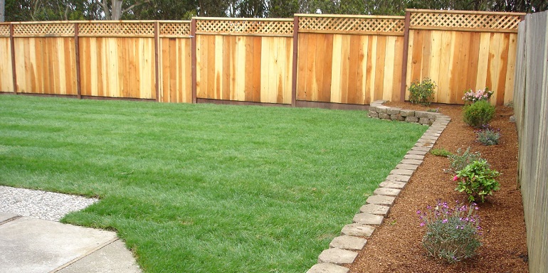 Green lawn with wooden privacy fence around it