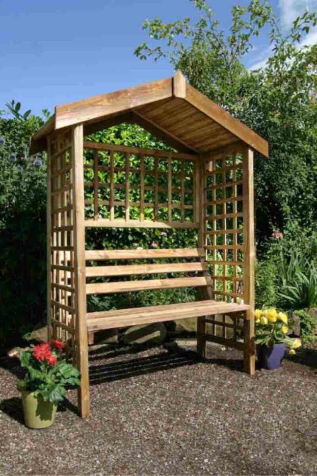 Wooden bench built into a trellis design