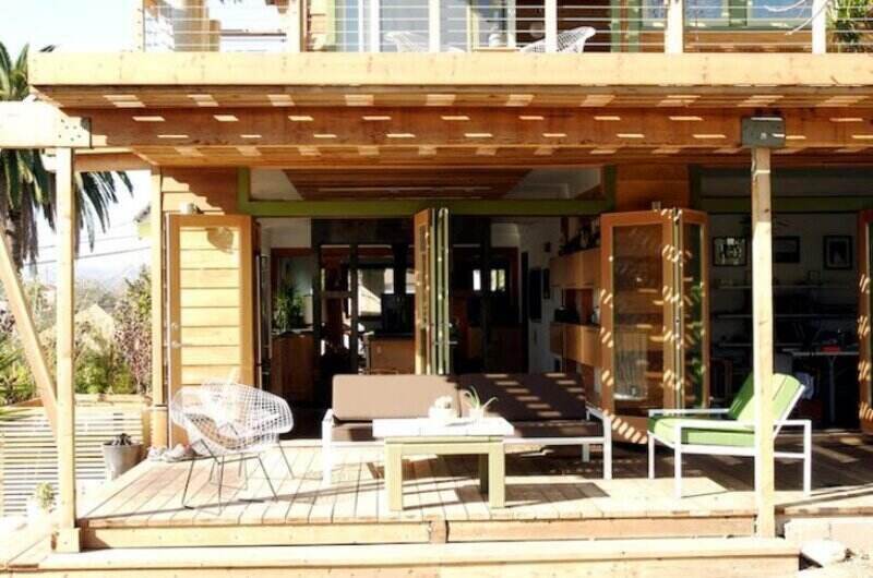 Outdoor deck with a trellised roof