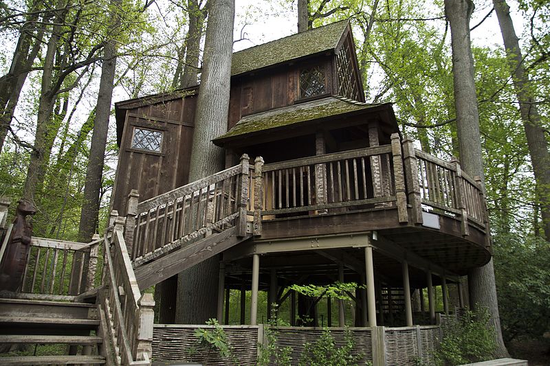 Large wooden treehouse with staircase