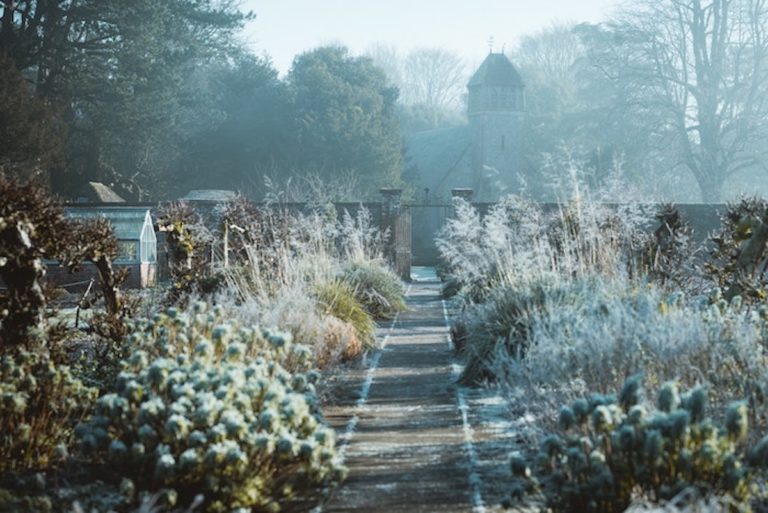 Walled garden with a church in the background