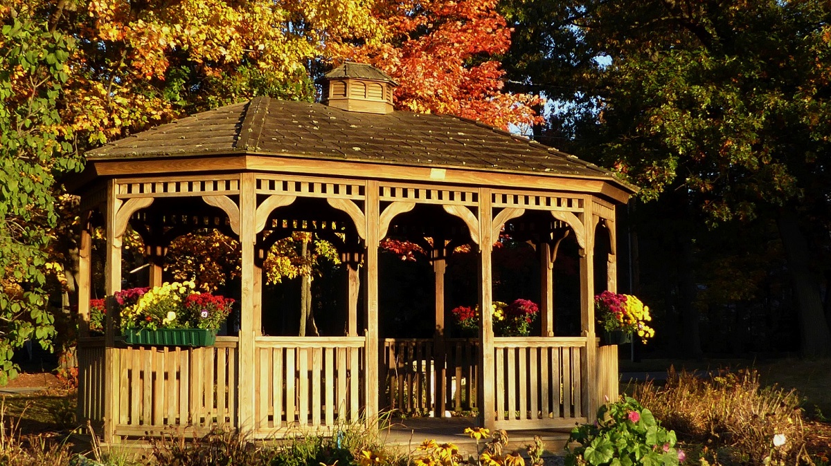 Traditional gazebo surrounded by flowers