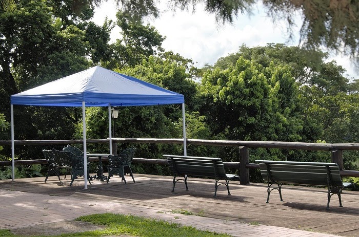 Pop-up gazebo with blue tarp roof
