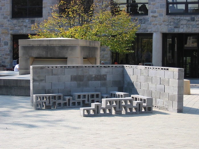 Freestanding wall of cinder blocks
