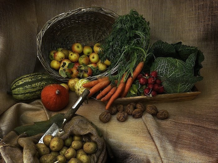 A display of harvested fruits and vegetables