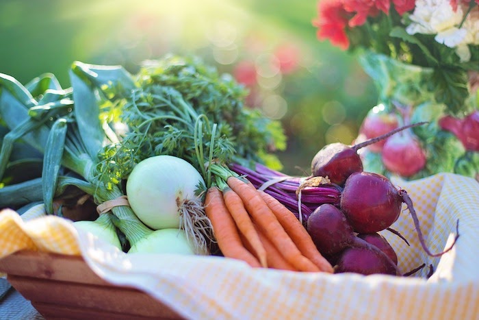 Onions, carrots, and beets in a basket