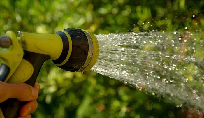 Close up of a yellow hose nozzle spraying water