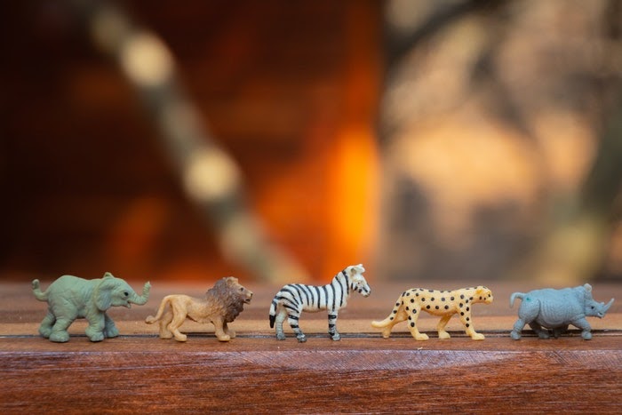 Small plastic animals in a line on wooden surface