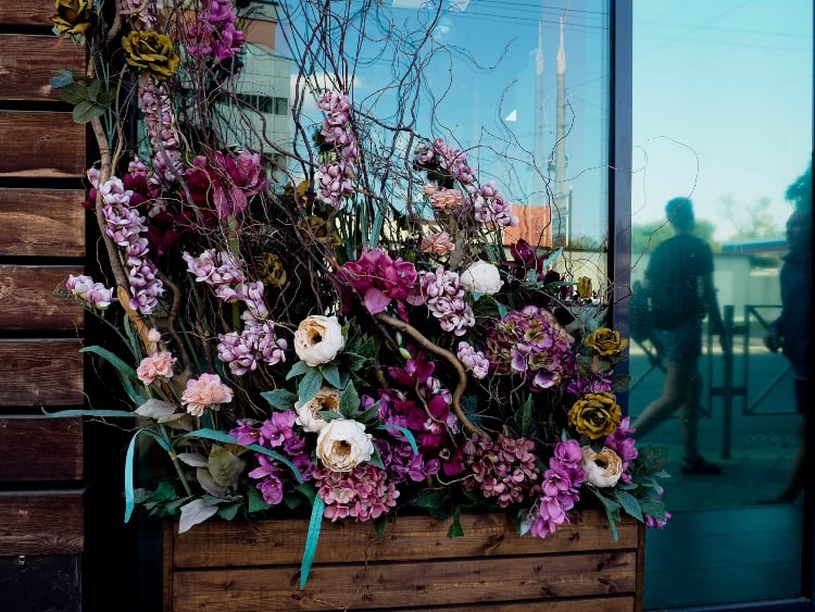 pallet window box with various flowers