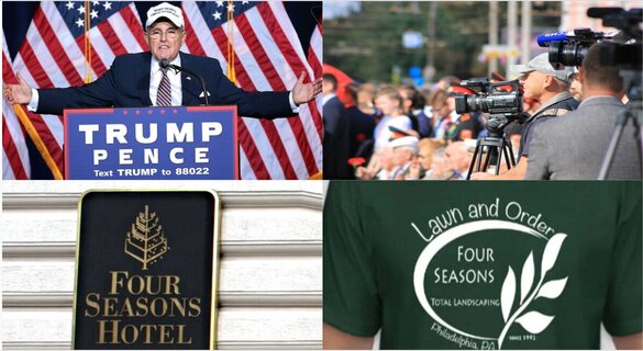 Photo montage of Rudy Giuliani, media reporters, and the logos of the Four Seasons Hotel and Four Seasons Total Landscaping