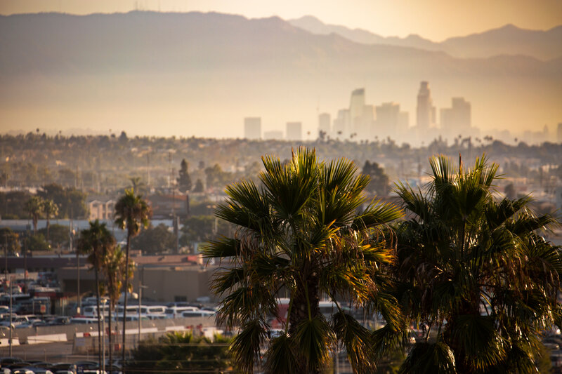 Smog hampers visibility of the Los Angeles skyline.