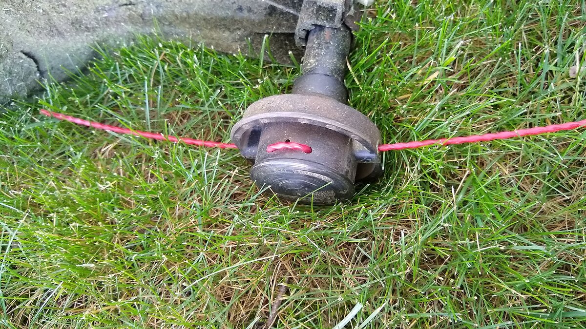Head of a string trimmer laying in the grass