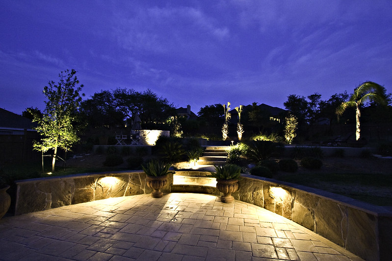 Lit patio with lights during evening