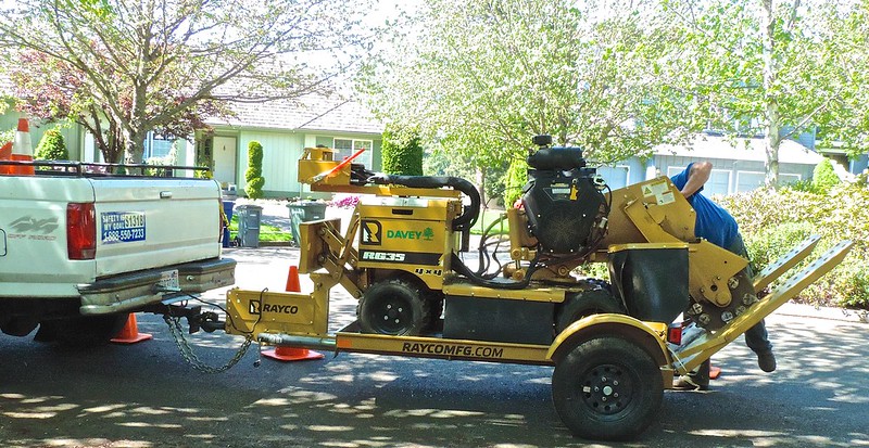 Stump grinder attached to the back of a truck